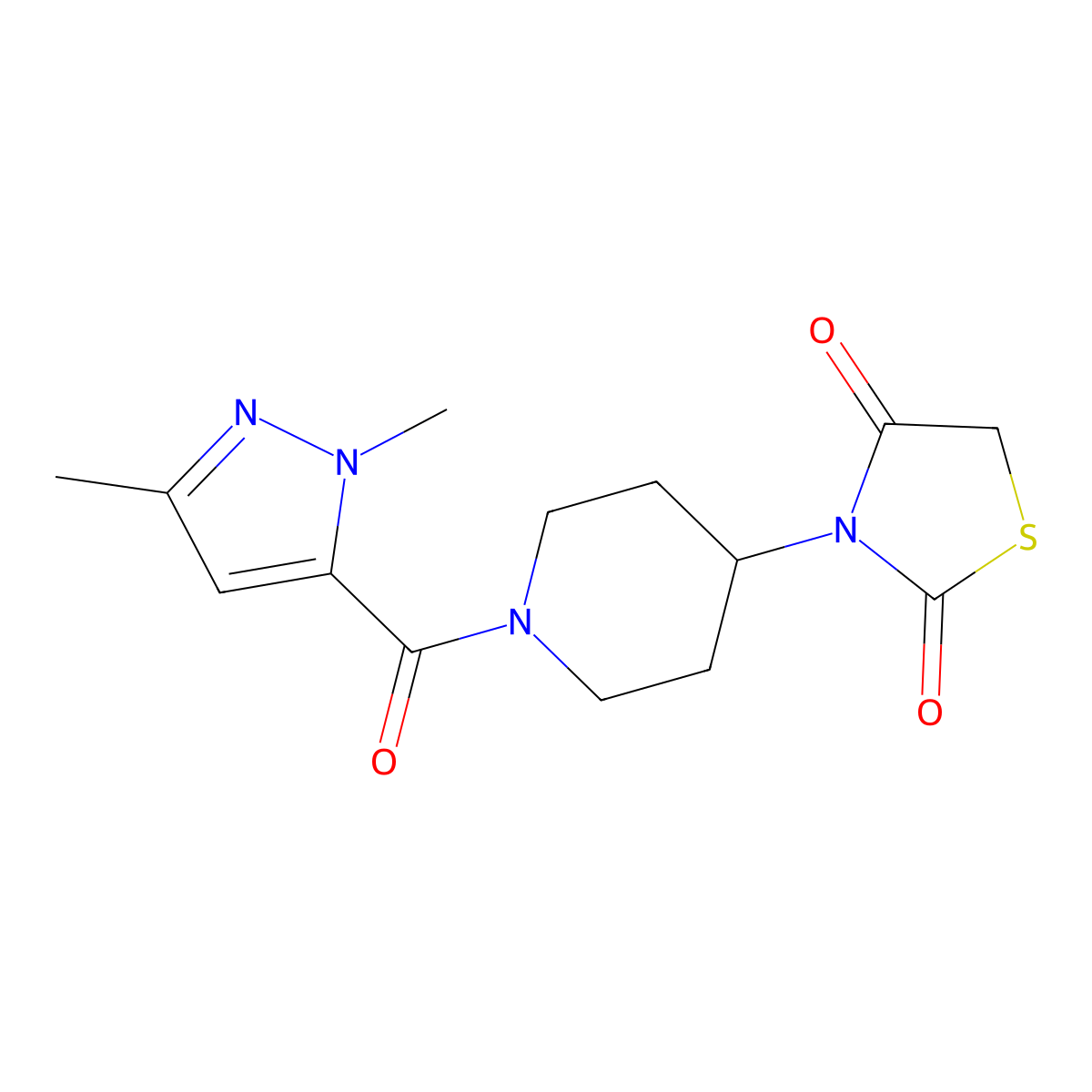 3-(1-(1,3-dimethyl-1H-pyrazole-5-carbonyl)piperidin-4-yl)thiazolidine-2,4-dione molecular structure, CAS 2309781-29-9