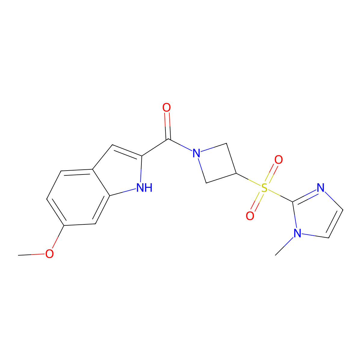 6-methoxy-2-{3-[(1-methyl-1H-imidazol-2-yl)sulfonyl]azetidine-1-carbonyl}-1H-indole molecular structure, CAS 2309781-80-2