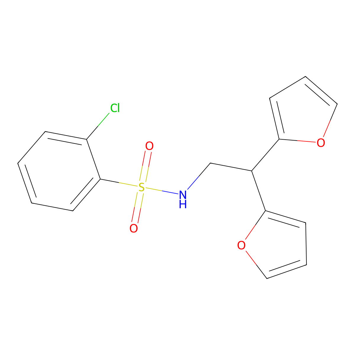 2-chloro-N-(2,2-di(furan-2-yl)ethyl)benzenesulfonamide molecular structure, CAS 2309796-58-3