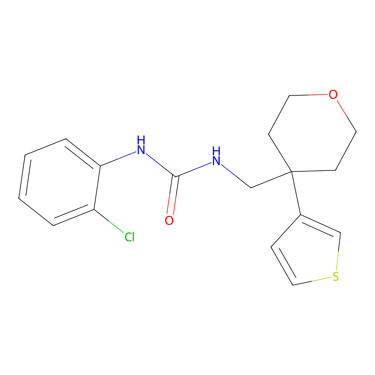 1-(2-chlorophenyl)-3-((4-(thiophen-3-yl)tetrahydro-2H-pyran-4-yl)methyl)urea molecular structure, CAS 2309796-95-8