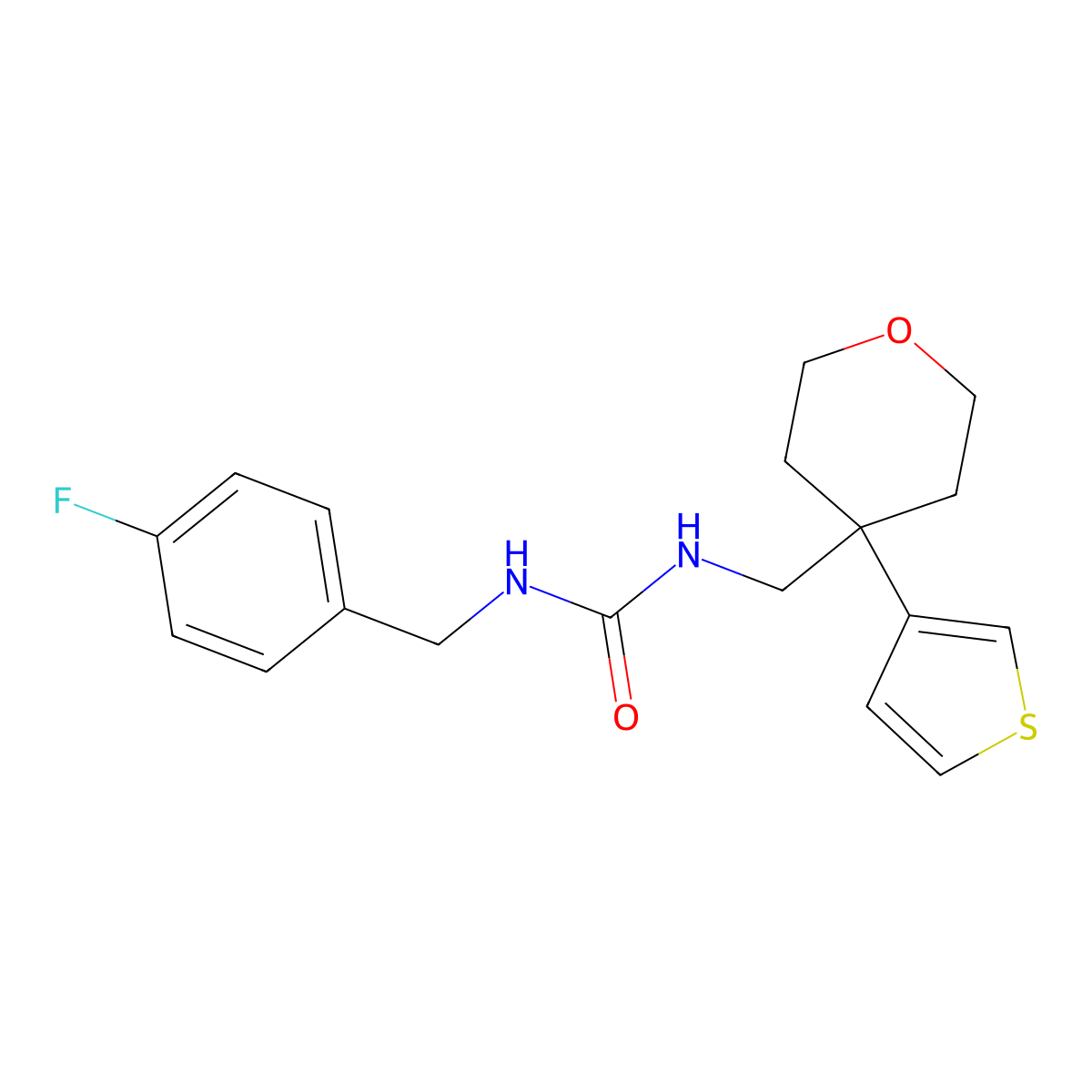 1-(4-fluorobenzyl)-3-((4-(thiophen-3-yl)tetrahydro-2H-pyran-4-yl)methyl)urea molecular structure, CAS 2309797-29-1