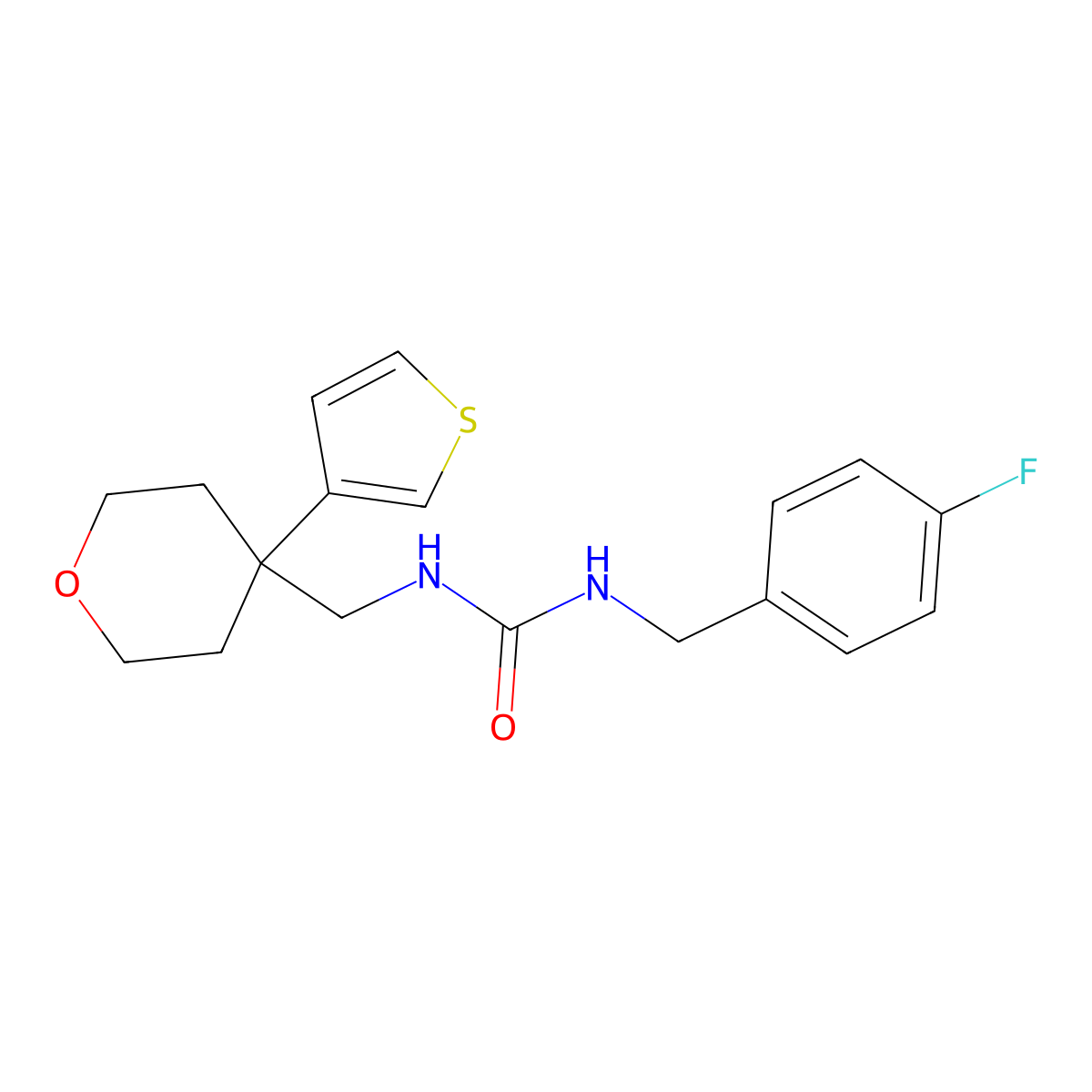 1-(4-fluorobenzyl)-3-((4-(thiophen-3-yl)tetrahydro-2H-pyran-4-yl)methyl)urea molecular structure, CAS 2309797-29-1