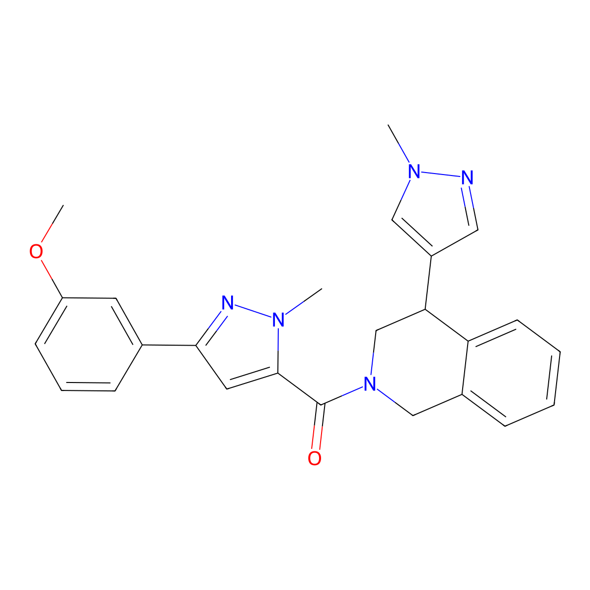 (3-(3-methoxyphenyl)-1-methyl-1H-pyrazol-5-yl)(4-(1-methyl-1H-pyrazol-4-yl)-3,4-dihydroisoquinolin-2(1H)-yl)methanone molecular structure, CAS 2309797-57-5