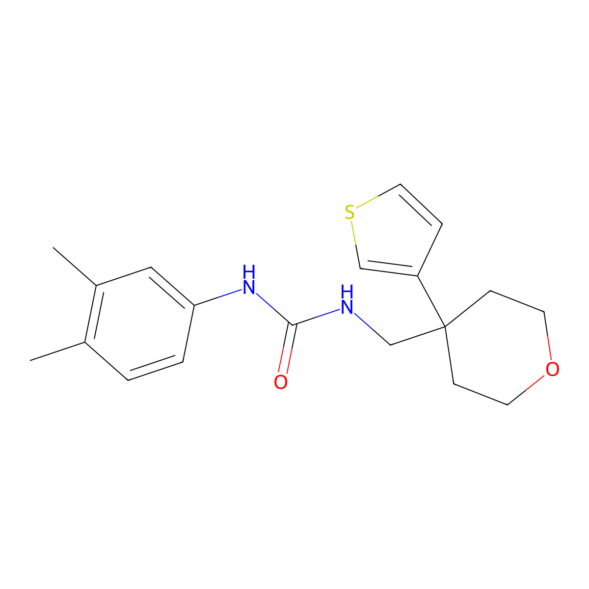 1-(3,4-Dimethylphenyl)-3-{[4-(thiophen-3-yl)oxan-4-yl]methyl}urea molecular structure, CAS 2309797-61-1