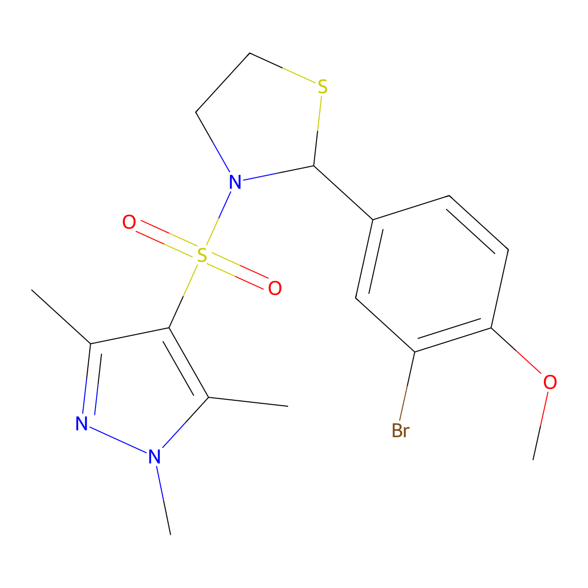 2-(3-bromo-4-methoxyphenyl)-3-((1,3,5-trimethyl-1H-pyrazol-4-yl)sulfonyl)thiazolidine molecular structure, CAS 2309797-64-4