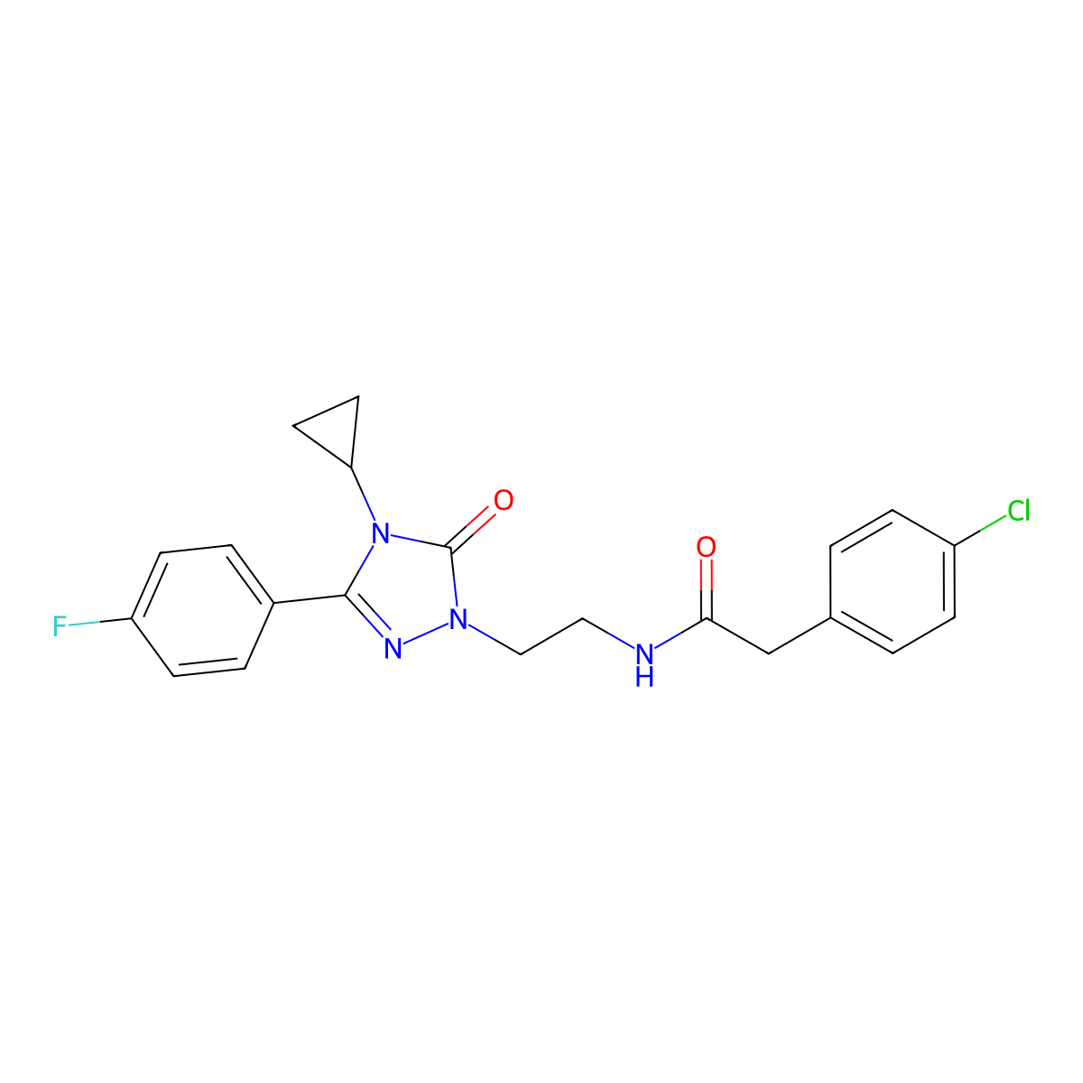 2-(4-chlorophenyl)-N-{2-[4-cyclopropyl-3-(4-fluorophenyl)-5-oxo-4,5-dihydro-1H-1,2,4-triazol-1-yl]ethyl}acetamide molecular structure, CAS 2309797-81-5
