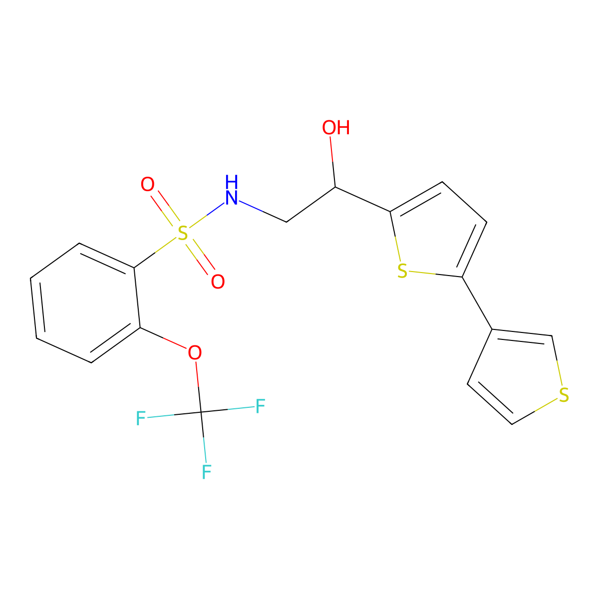 N-(2-{[2,3'-bithiophene]-5-yl}-2-hydroxyethyl)-2-(trifluoromethoxy)benzene-1-sulfonamide molecular structure, CAS 2309797-84-8