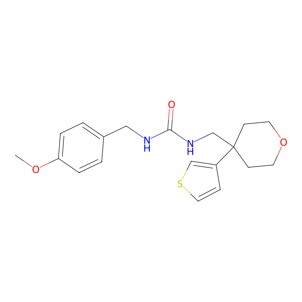 1-(4-methoxybenzyl)-3-((4-(thiophen-3-yl)tetrahydro-2H-pyran-4-yl)methyl)urea molecular structure, CAS 2309797-86-0