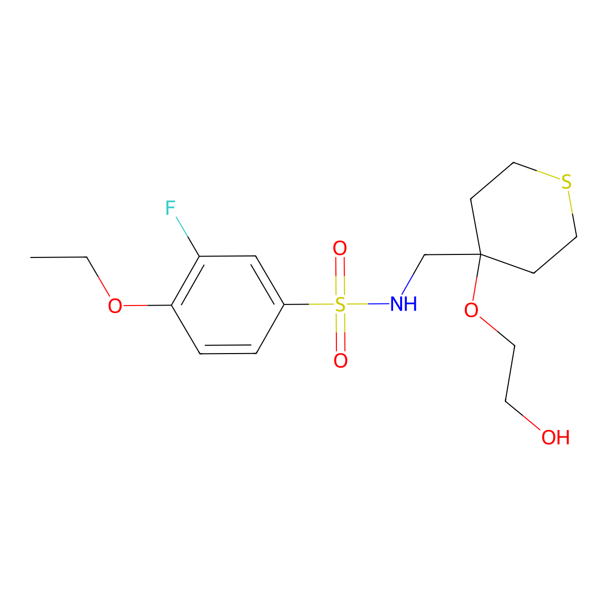4-ethoxy-3-fluoro-N-((4-(2-hydroxyethoxy)tetrahydro-2H-thiopyran-4-yl)methyl)benzenesulfonamide molecular structure, CAS 2309798-66-9
