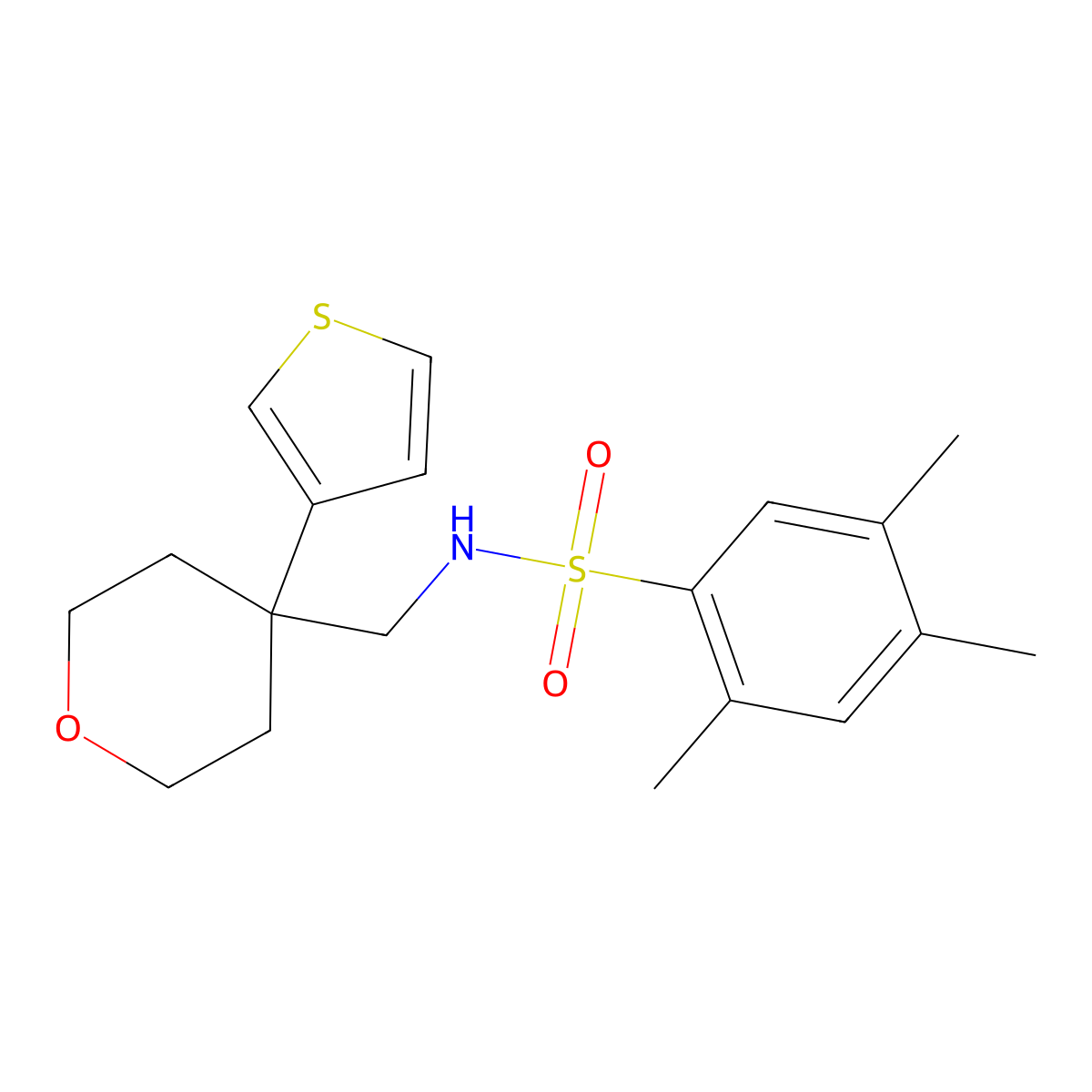 2,4,5-trimethyl-N-((4-(thiophen-3-yl)tetrahydro-2H-pyran-4-yl)methyl)benzenesulfonamide molecular structure, CAS 2309799-58-2