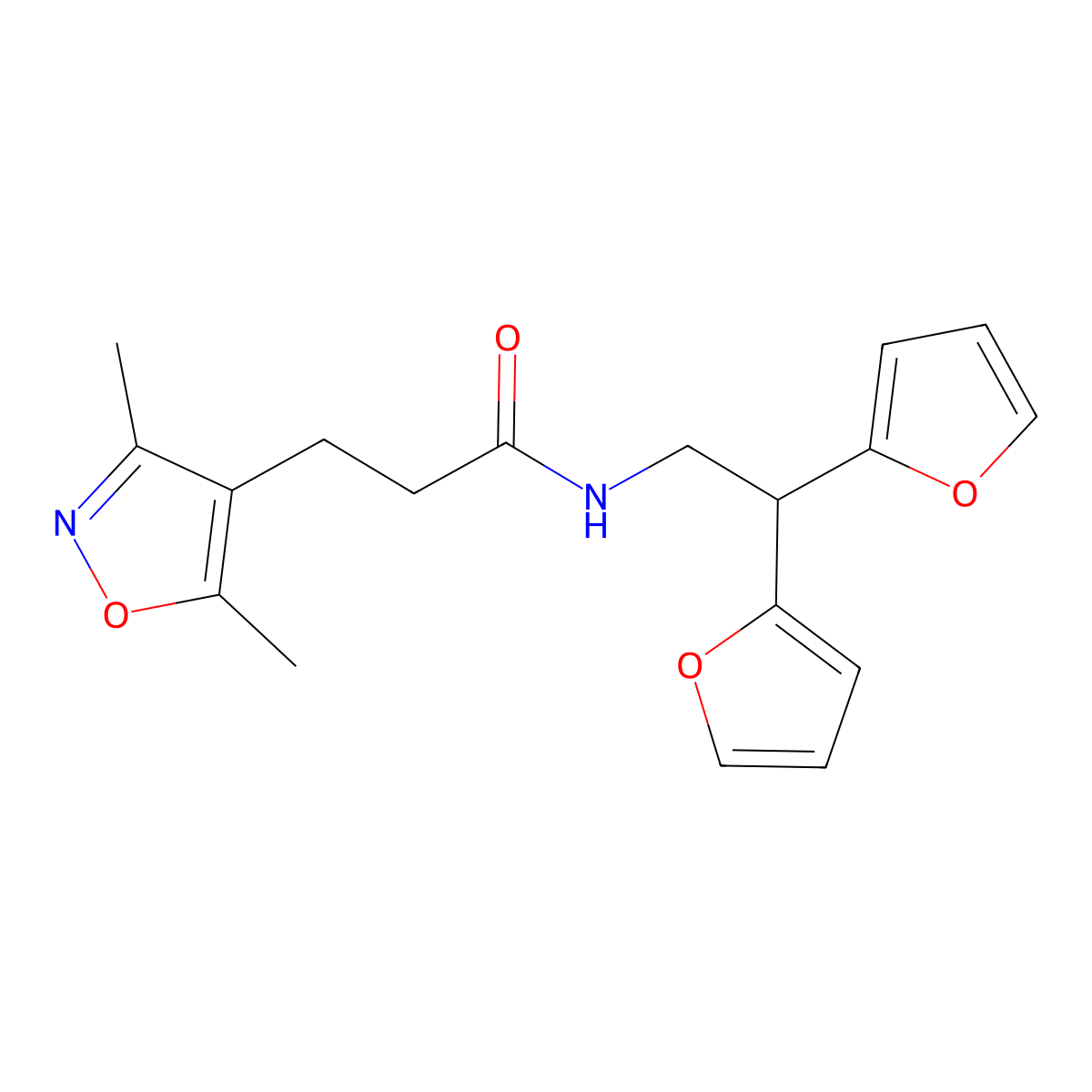 N-[2,2-bis(furan-2-yl)ethyl]-3-(3,5-dimethyl-1,2-oxazol-4-yl)propanamide molecular structure, CAS 2309799-66-2