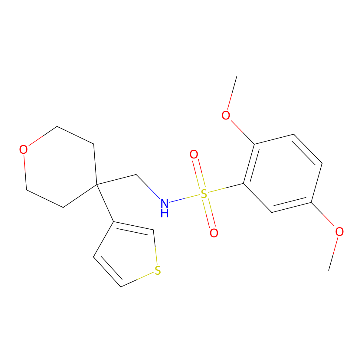 2,5-dimethoxy-N-{[4-(thiophen-3-yl)oxan-4-yl]methyl}benzene-1-sulfonamide molecular structure, CAS 2309799-90-2