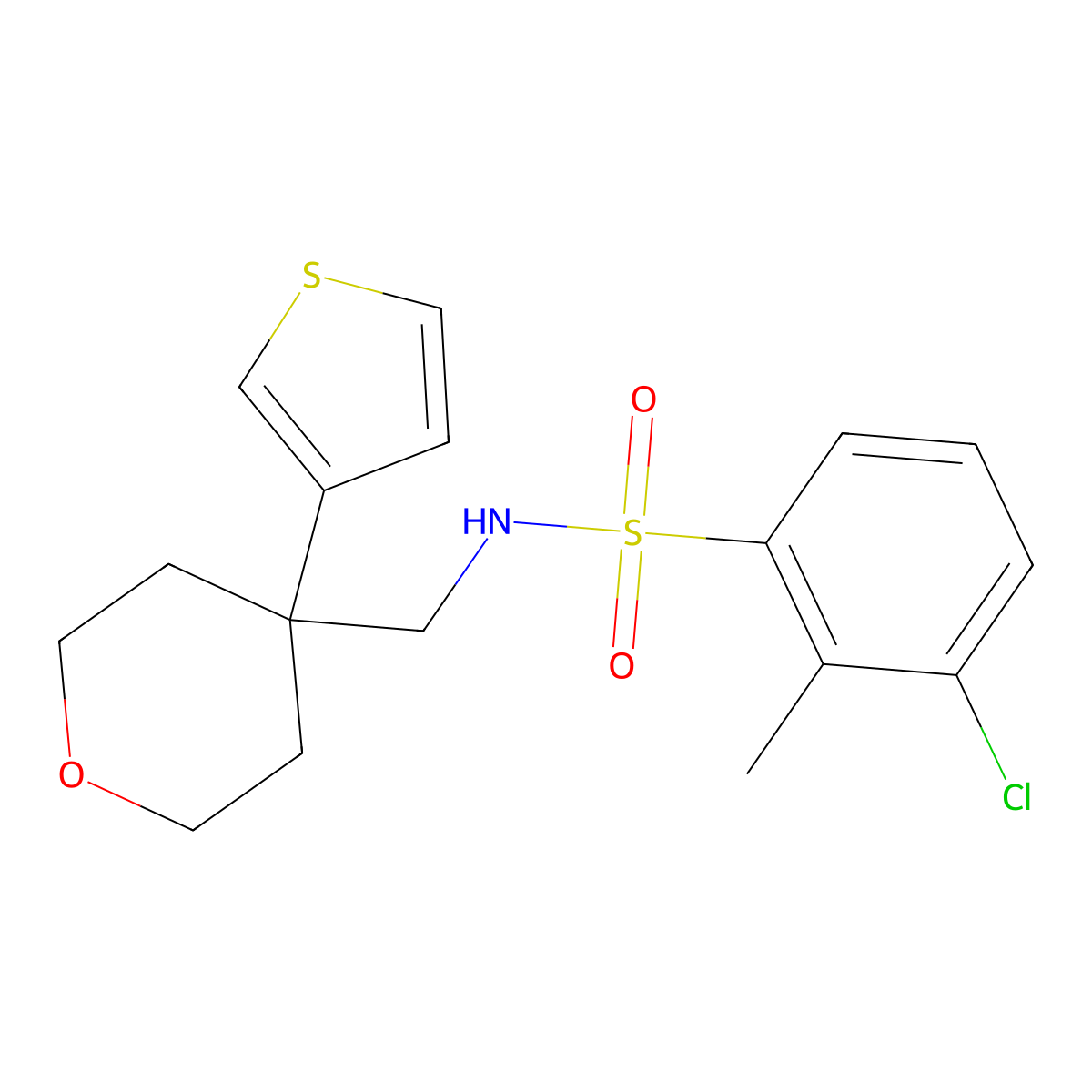 3-chloro-2-methyl-N-((4-(thiophen-3-yl)tetrahydro-2H-pyran-4-yl)methyl)benzenesulfonamide molecular structure, CAS 2309800-34-6