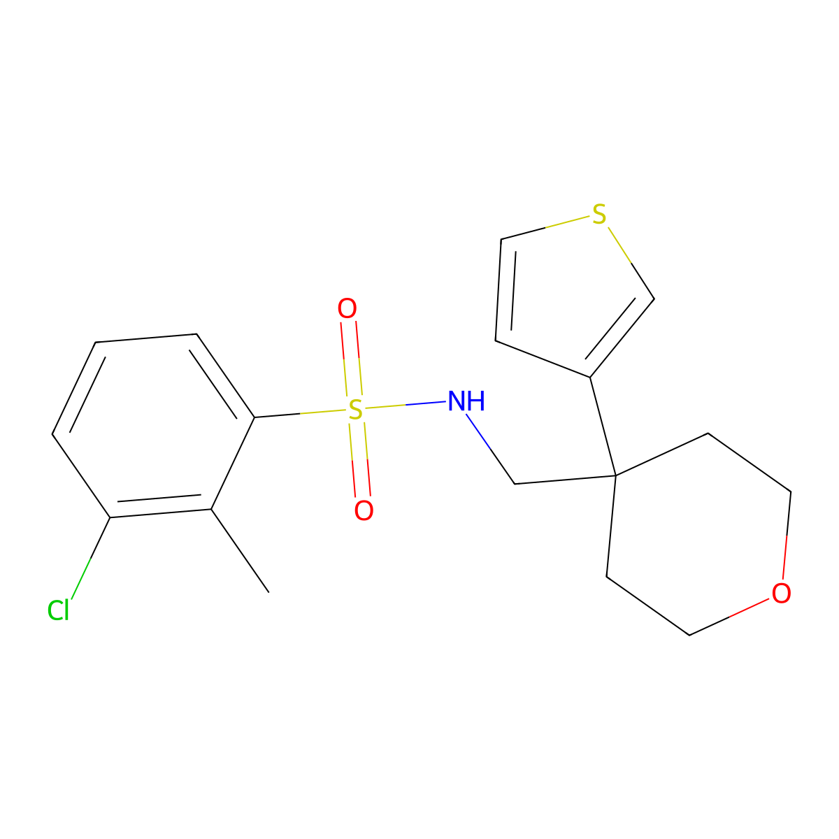 3-chloro-2-methyl-N-((4-(thiophen-3-yl)tetrahydro-2H-pyran-4-yl)methyl)benzenesulfonamide molecular structure, CAS 2309800-34-6