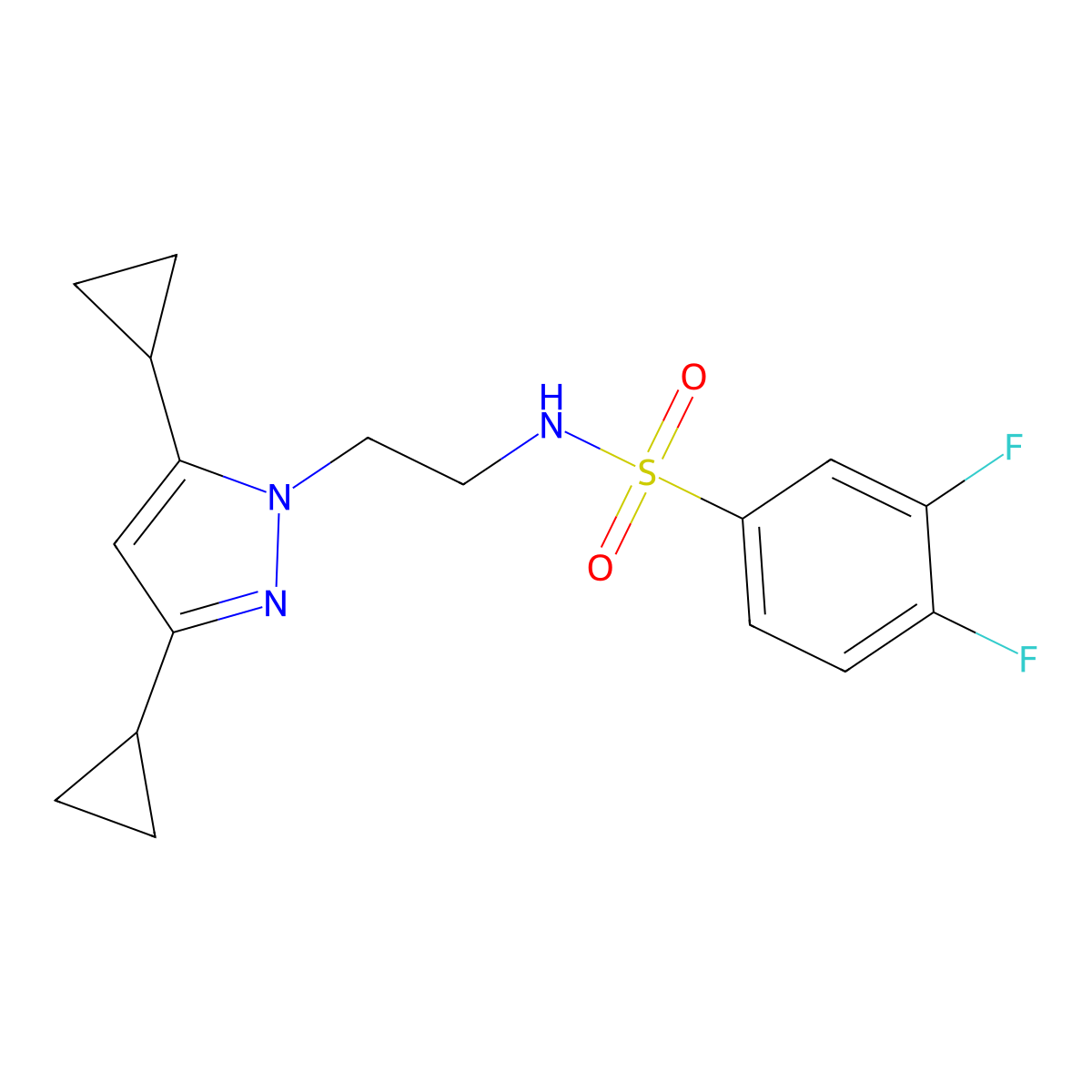 N-(2-(3,5-dicyclopropyl-1H-pyrazol-1-yl)ethyl)-3,4-difluorobenzenesulfonamide molecular structure, CAS 2309800-40-4