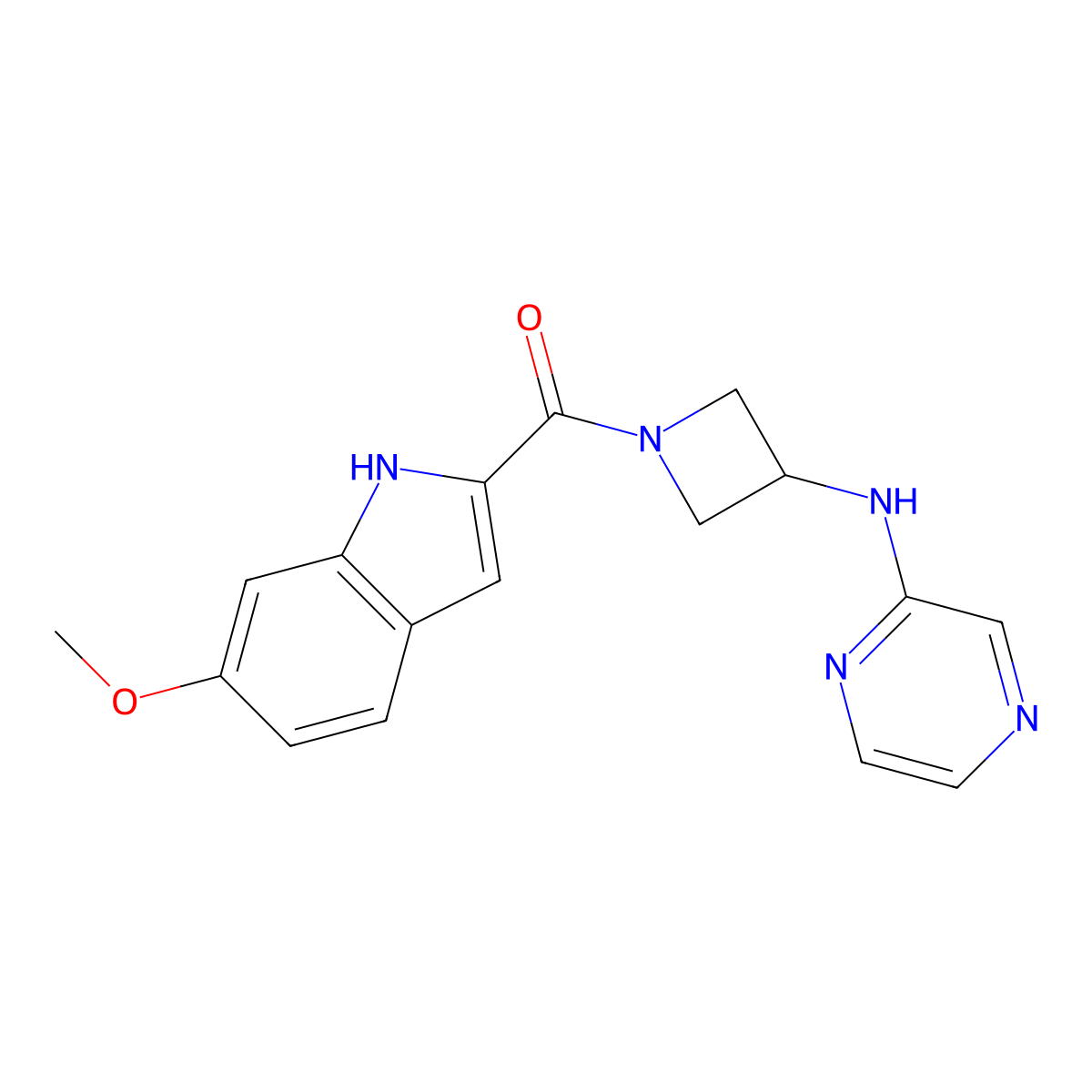 (6-methoxy-1H-indol-2-yl)(3-(pyrazin-2-ylamino)azetidin-1-yl)methanone molecular structure, CAS 2309801-50-9