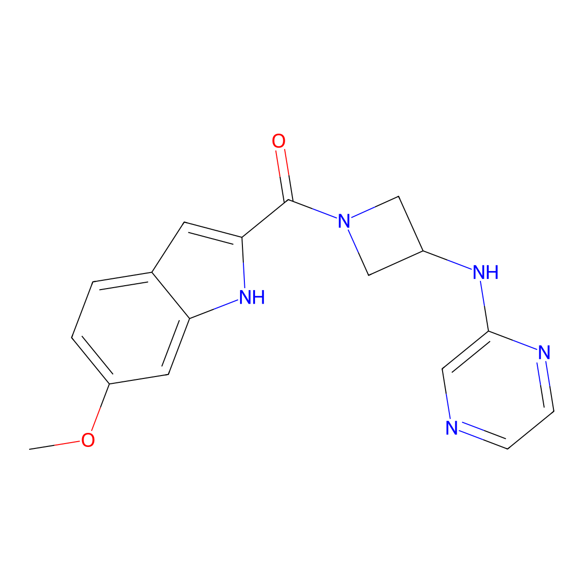 (6-methoxy-1H-indol-2-yl)(3-(pyrazin-2-ylamino)azetidin-1-yl)methanone molecular structure, CAS 2309801-50-9