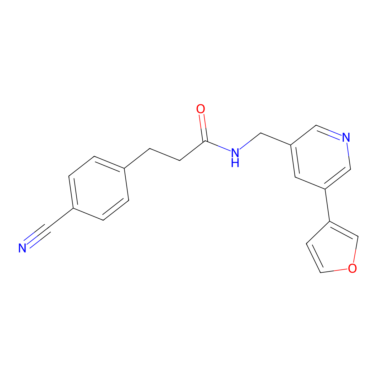 3-(4-cyanophenyl)-N-((5-(furan-3-yl)pyridin-3-yl)methyl)propanamide molecular structure, CAS 2309801-55-4