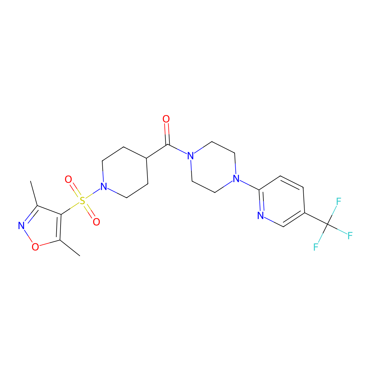 (1-((3,5-Dimethylisoxazol-4-yl)sulfonyl)piperidin-4-yl)(4-(5-(trifluoromethyl)pyridin-2-yl)piperazin-1-yl)methanone molecular structure, CAS 2309801-91-8