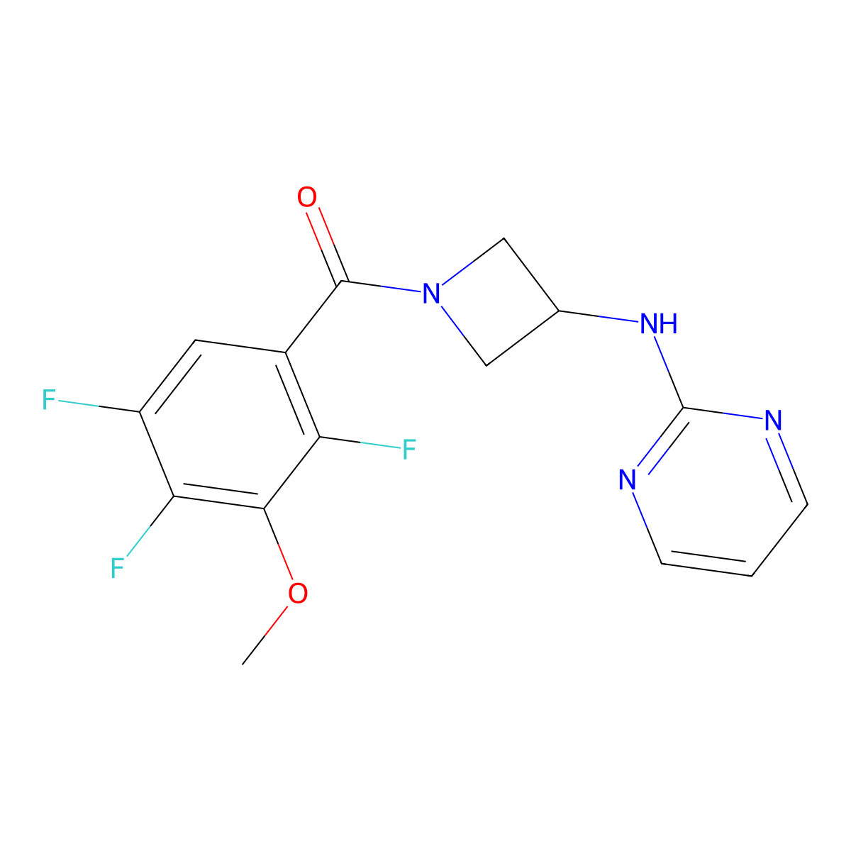 (3-(Pyrimidin-2-ylamino)azetidin-1-yl)(2,4,5-trifluoro-3-methoxyphenyl)methanone molecular structure, CAS 2309802-38-6