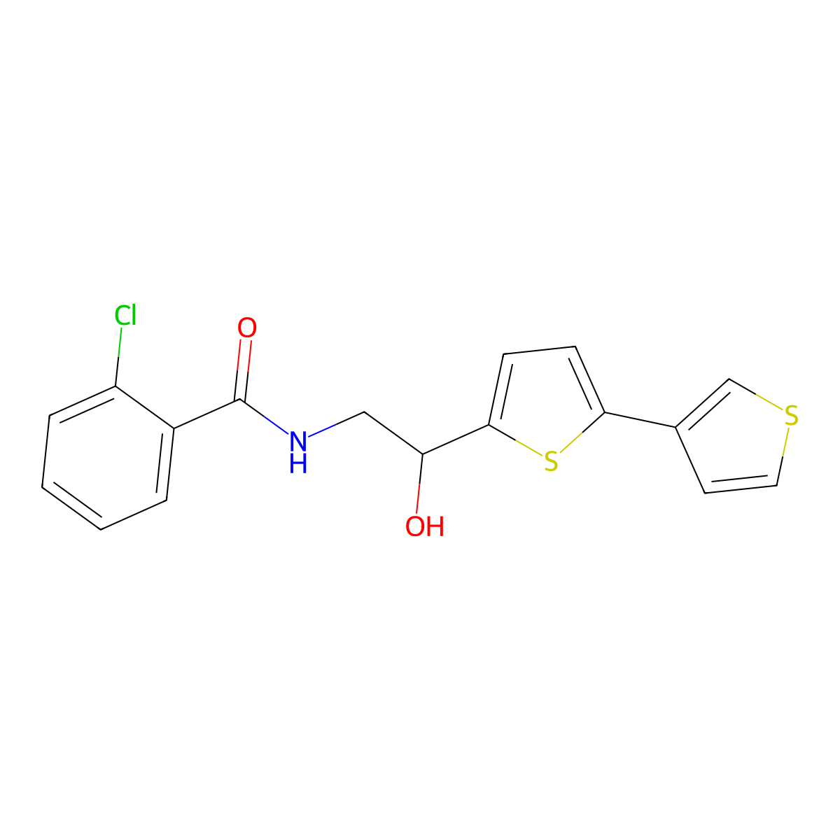N-(2-([2,3'-bithiophen]-5-yl)-2-hydroxyethyl)-2-chlorobenzamide molecular structure, CAS 2309802-97-7