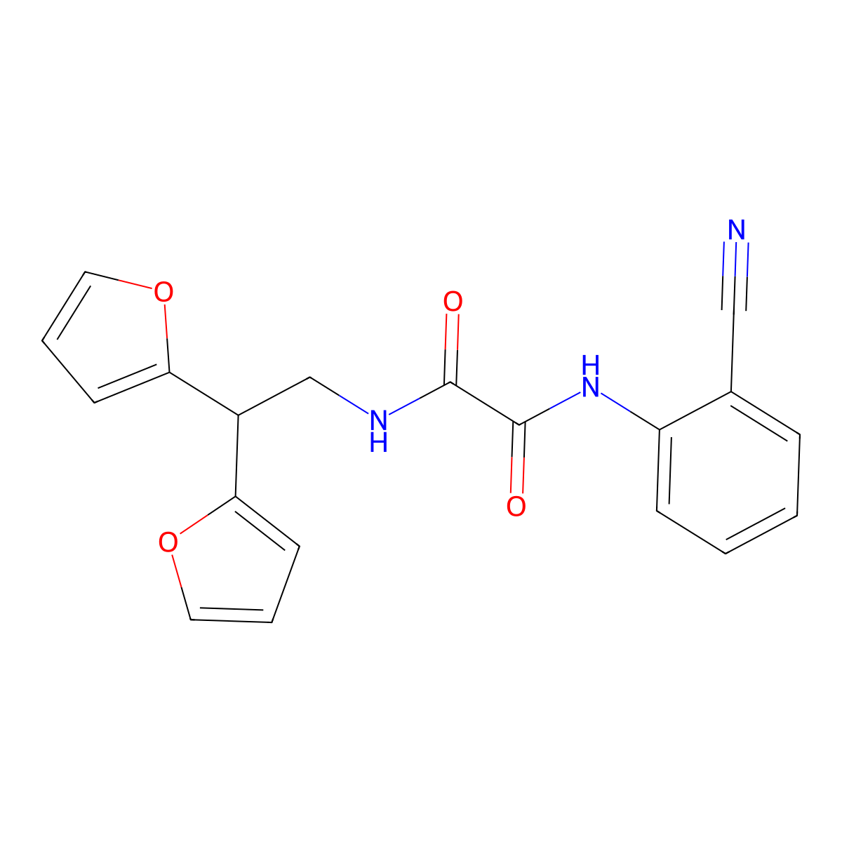 N-[2,2-bis(furan-2-yl)ethyl]-N'-(2-cyanophenyl)ethanediamide molecular structure, CAS 2309804-13-3