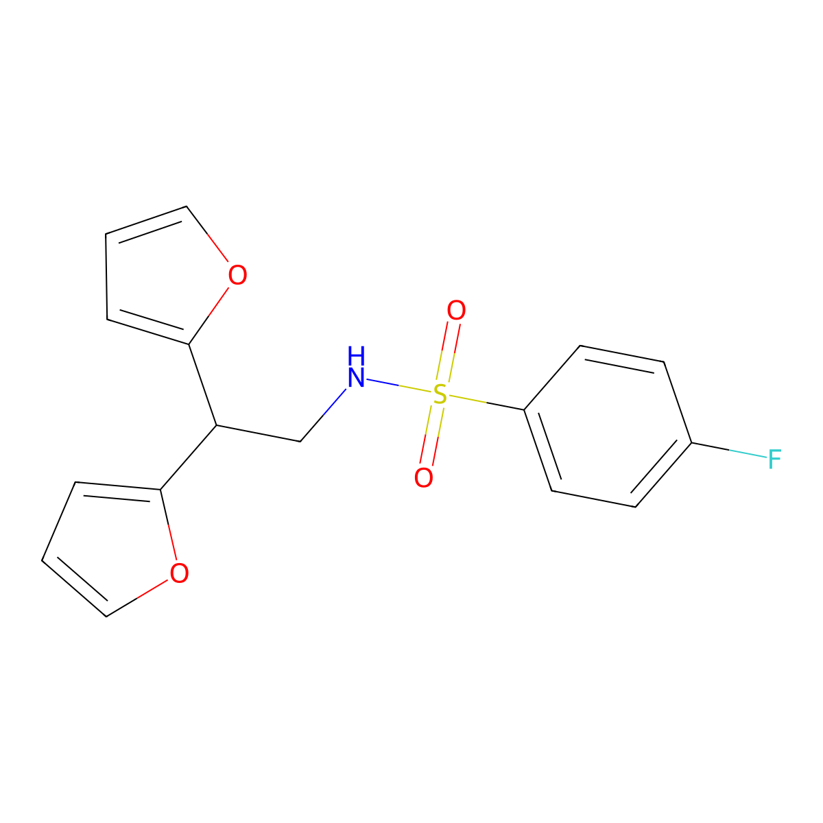 N-(2,2-di(furan-2-yl)ethyl)-4-fluorobenzenesulfonamide molecular structure, CAS 2309804-35-9