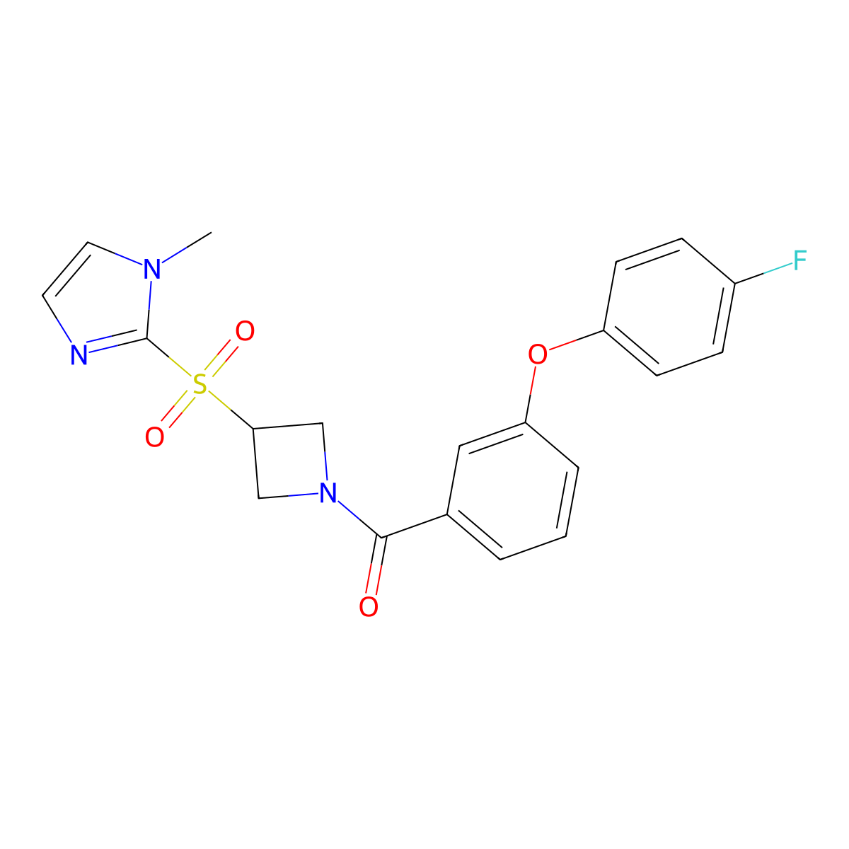 (3-(4-fluorophenoxy)phenyl)(3-((1-methyl-1H-imidazol-2-yl)sulfonyl)azetidin-1-yl)methanone molecular structure, CAS 2309804-51-9
