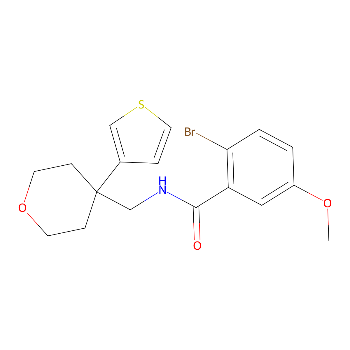 2-bromo-5-methoxy-N-{[4-(thiophen-3-yl)oxan-4-yl]methyl}benzamide molecular structure, CAS 2309805-17-0