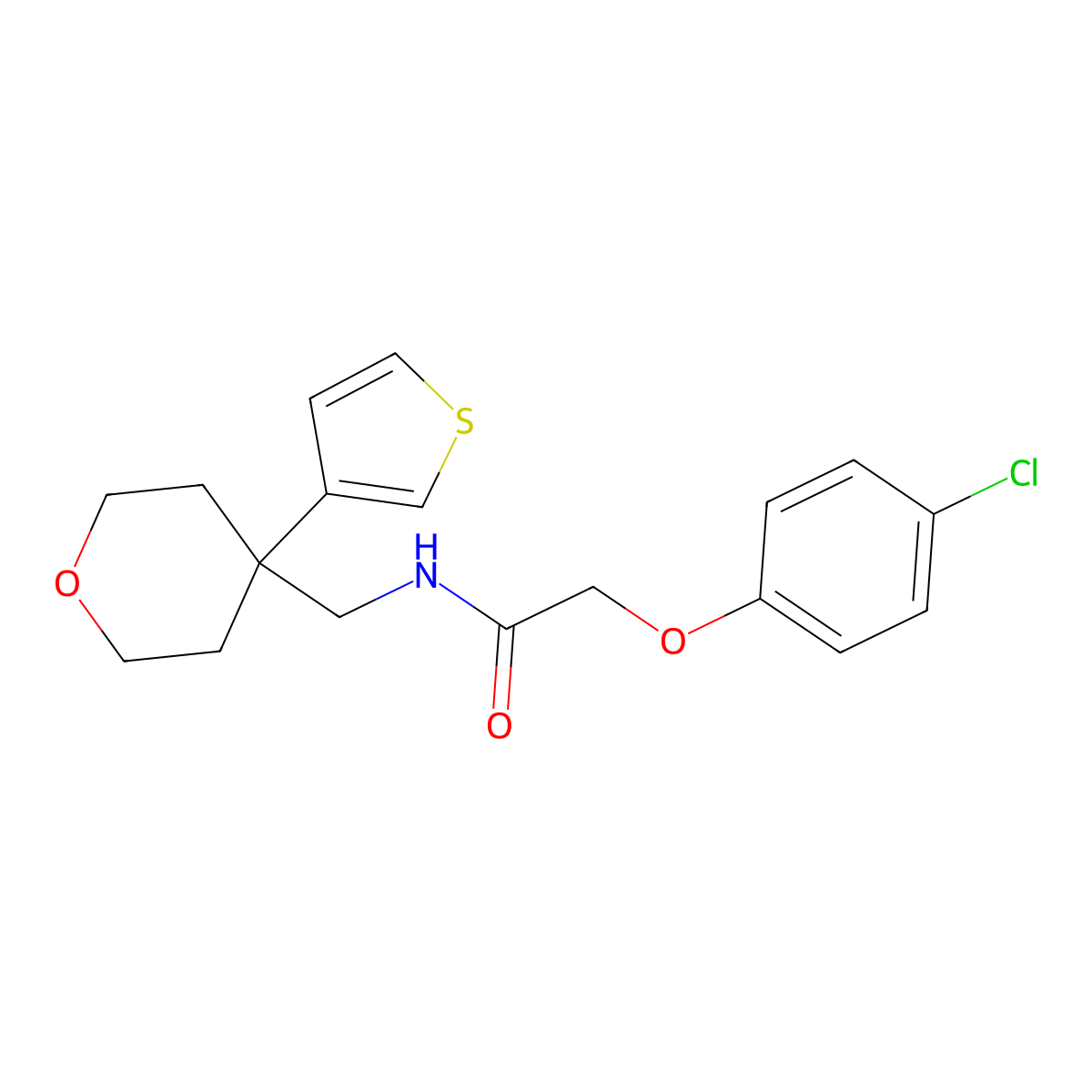 2-(4-chlorophenoxy)-N-{[4-(thiophen-3-yl)oxan-4-yl]methyl}acetamide molecular structure, CAS 2309805-37-4