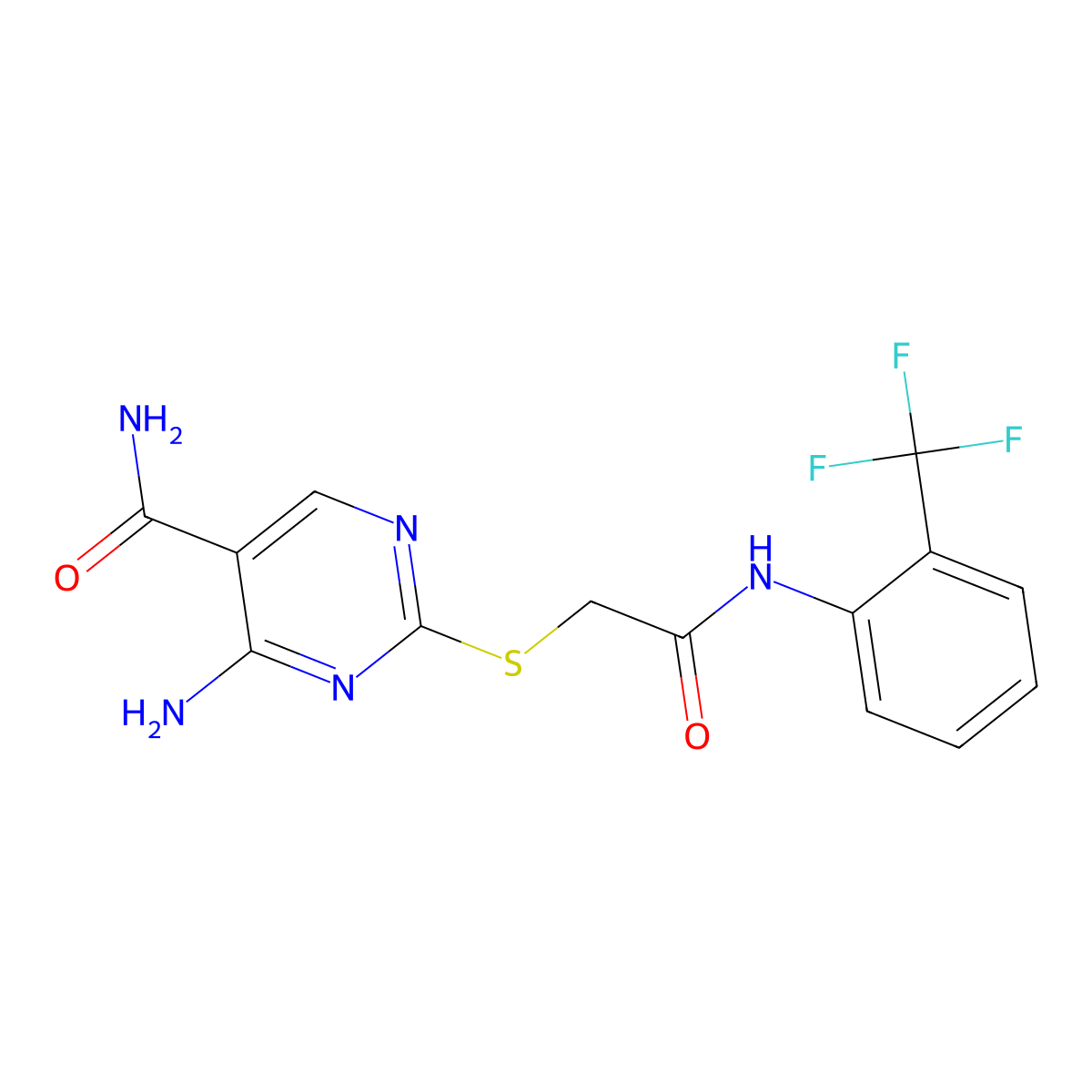 4-Amino-2-[({[2-(trifluoromethyl)phenyl]carbamoyl}methyl)sulfanyl]pyrimidine-5-carboxamide molecular structure, CAS 2309805-75-0