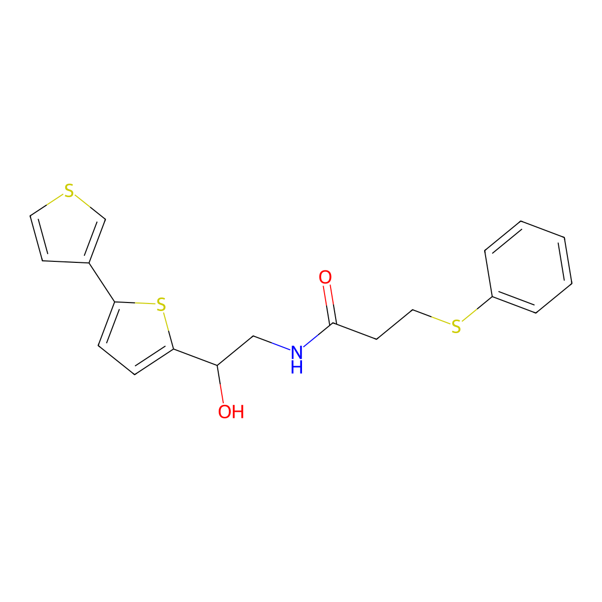 N-(2-([2,3'-bithiophen]-5-yl)-2-hydroxyethyl)-3-(phenylthio)propanamide molecular structure, CAS 2309825-30-5