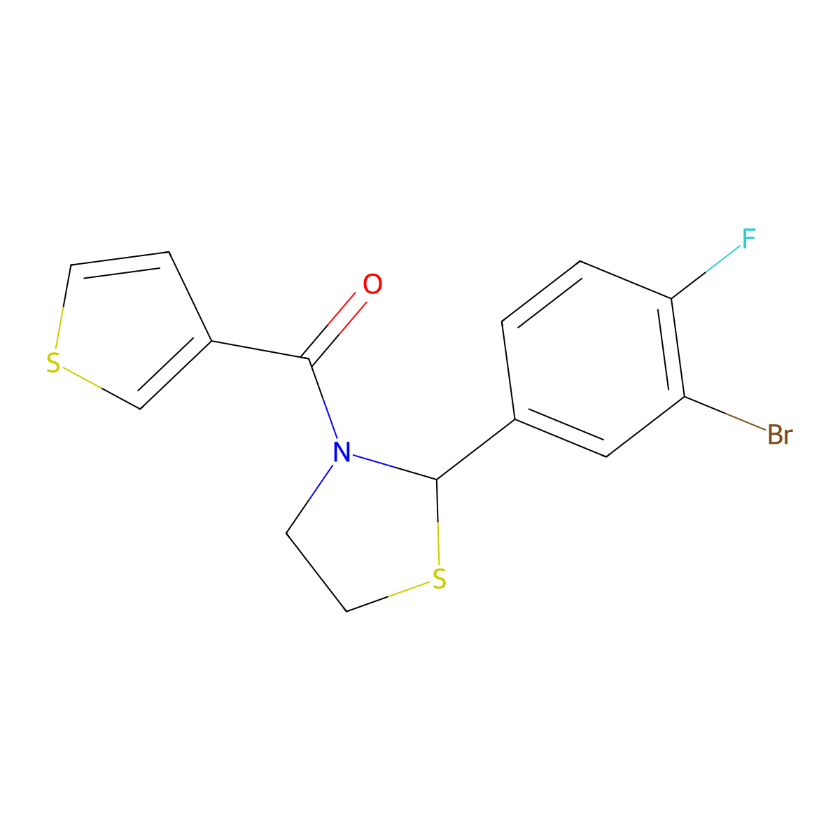 2-(3-Bromo-4-fluorophenyl)-3-(thiophene-3-carbonyl)-1,3-thiazolidine molecular structure, CAS 2309825-45-2