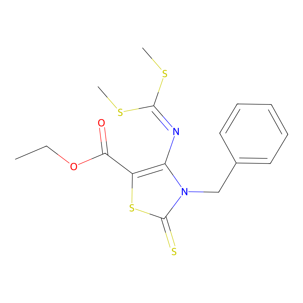 Ethyl 3-benzyl-4-{[bis(methylsulfanyl)methylidene]amino}-2-sulfanylidene-2,3-dihydro-1,3-thiazole-5-carboxylate molecular structure, CAS 2309825-58-7