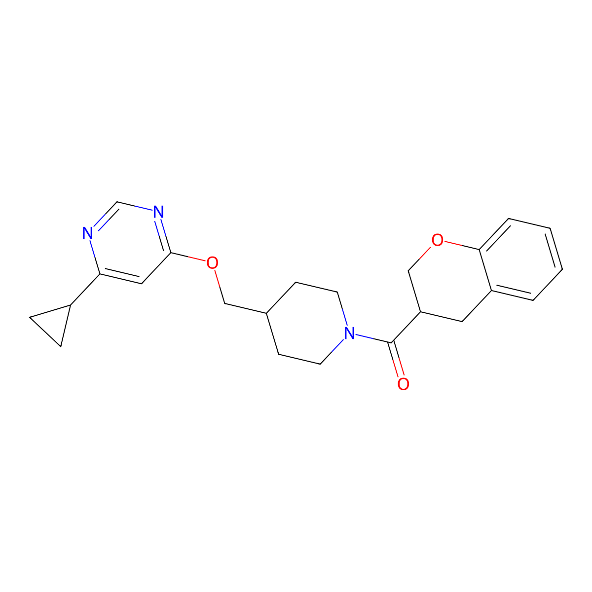 Chroman-3-yl(4-(((6-cyclopropylpyrimidin-4-yl)oxy)methyl)piperidin-1-yl)methanone molecular structure, CAS 2310011-76-6