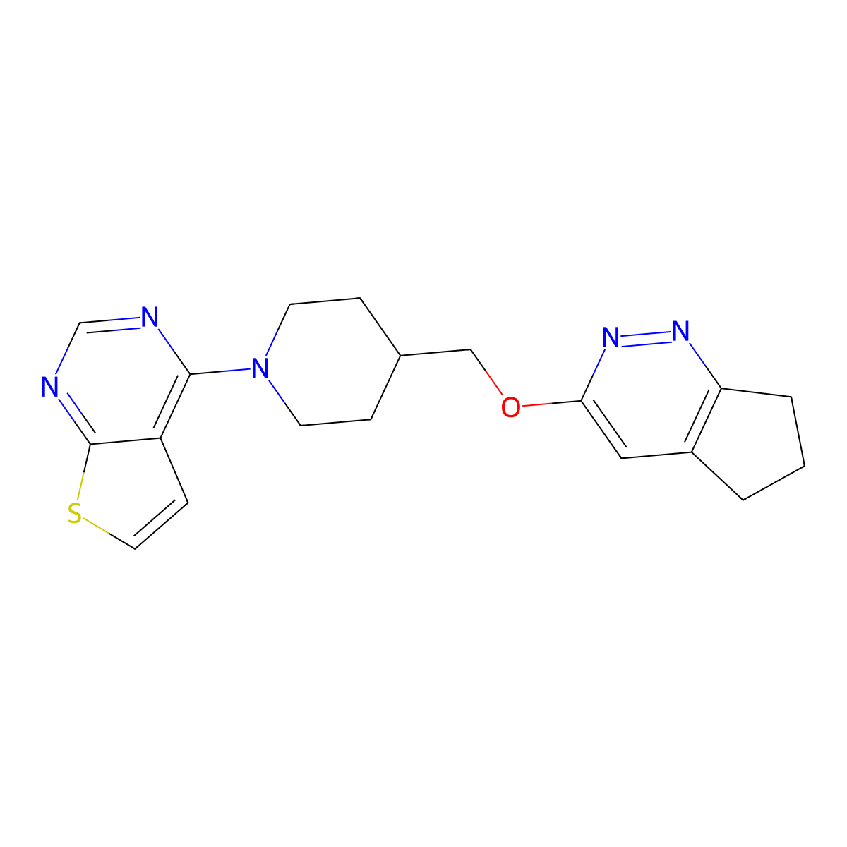 4-({5H,6H,7H-cyclopenta[c]pyridazin-3-yloxy}methyl)-1-{thieno[2,3-d]pyrimidin-4-yl}piperidine molecular structure, CAS 2310011-87-9