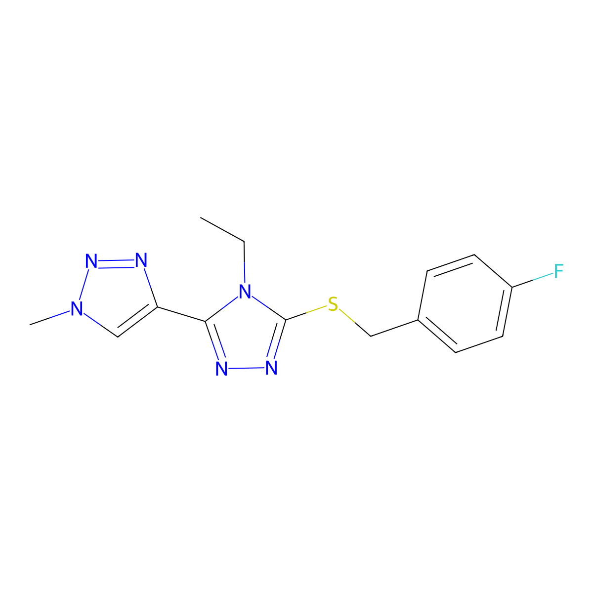 4-ethyl-3-{[(4-fluorophenyl)methyl]sulfanyl}-5-(1-methyl-1H-1,2,3-triazol-4-yl)-4H-1,2,4-triazole molecular structure, CAS 2310012-45-2