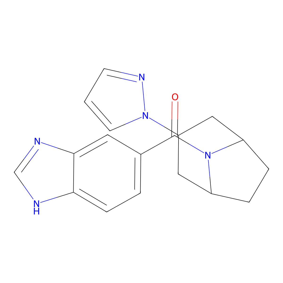 5-[3-(1H-pyrazol-1-yl)-8-azabicyclo[3.2.1]octane-8-carbonyl]-1H-1,3-benzodiazole molecular structure, CAS 2310012-61-2
