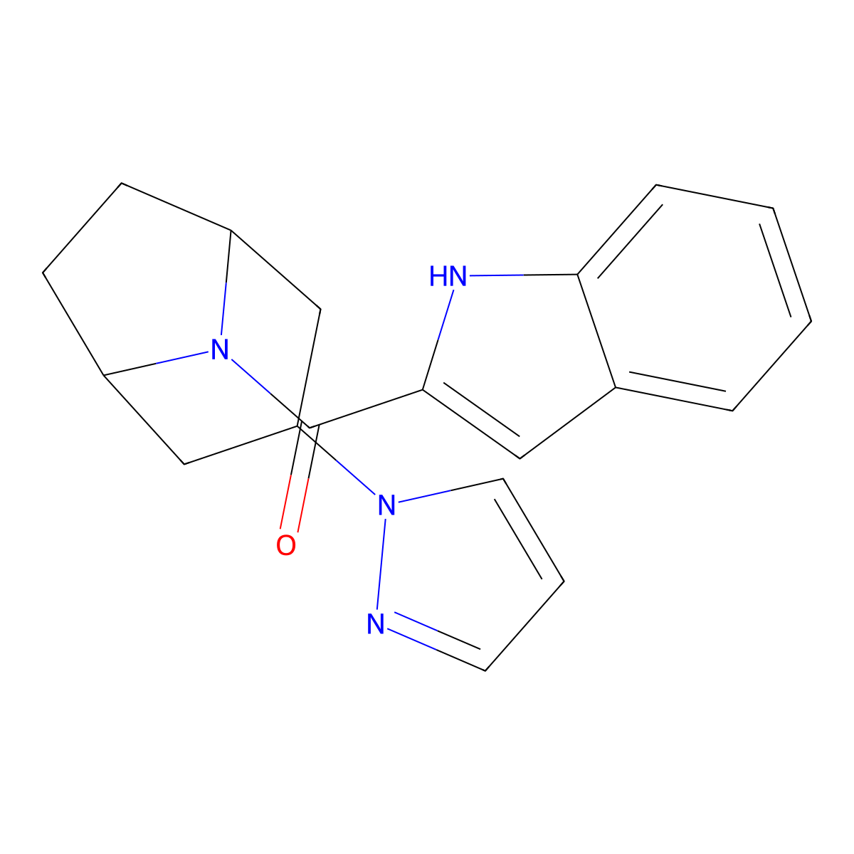 2-[3-(1H-pyrazol-1-yl)-8-azabicyclo[3.2.1]octane-8-carbonyl]-1H-indole molecular structure, CAS 2310012-78-1