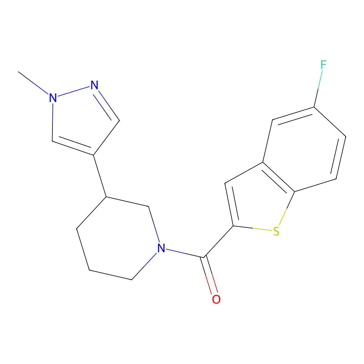 1-(5-fluoro-1-benzothiophene-2-carbonyl)-3-(1-methyl-1H-pyrazol-4-yl)piperidine molecular structure, CAS 2310013-29-5