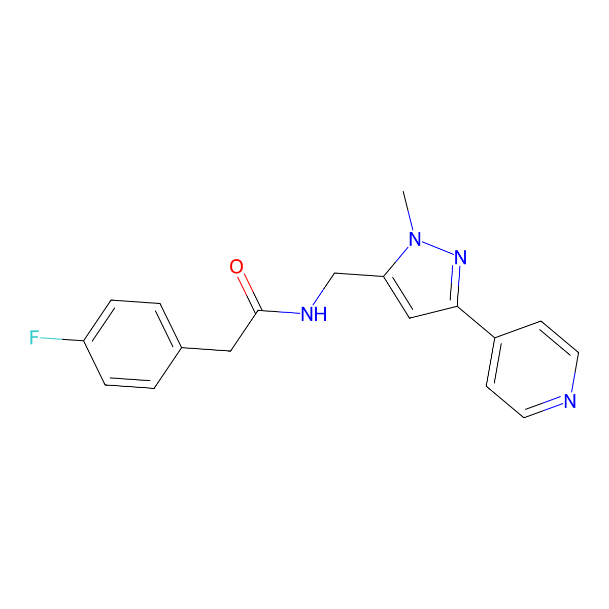 2-(4-fluorophenyl)-N-{[1-methyl-3-(pyridin-4-yl)-1H-pyrazol-5-yl]methyl}acetamide molecular structure, CAS 2310013-72-8