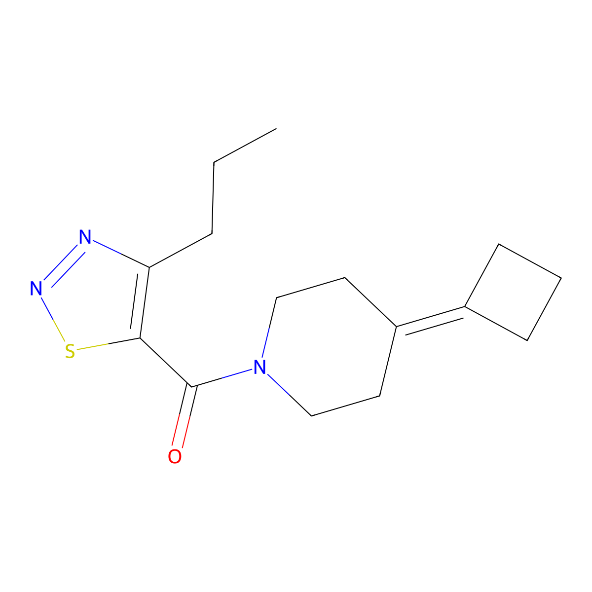 4-Cyclobutylidene-1-(4-propyl-1,2,3-thiadiazole-5-carbonyl)piperidine molecular structure, CAS 2310014-40-3