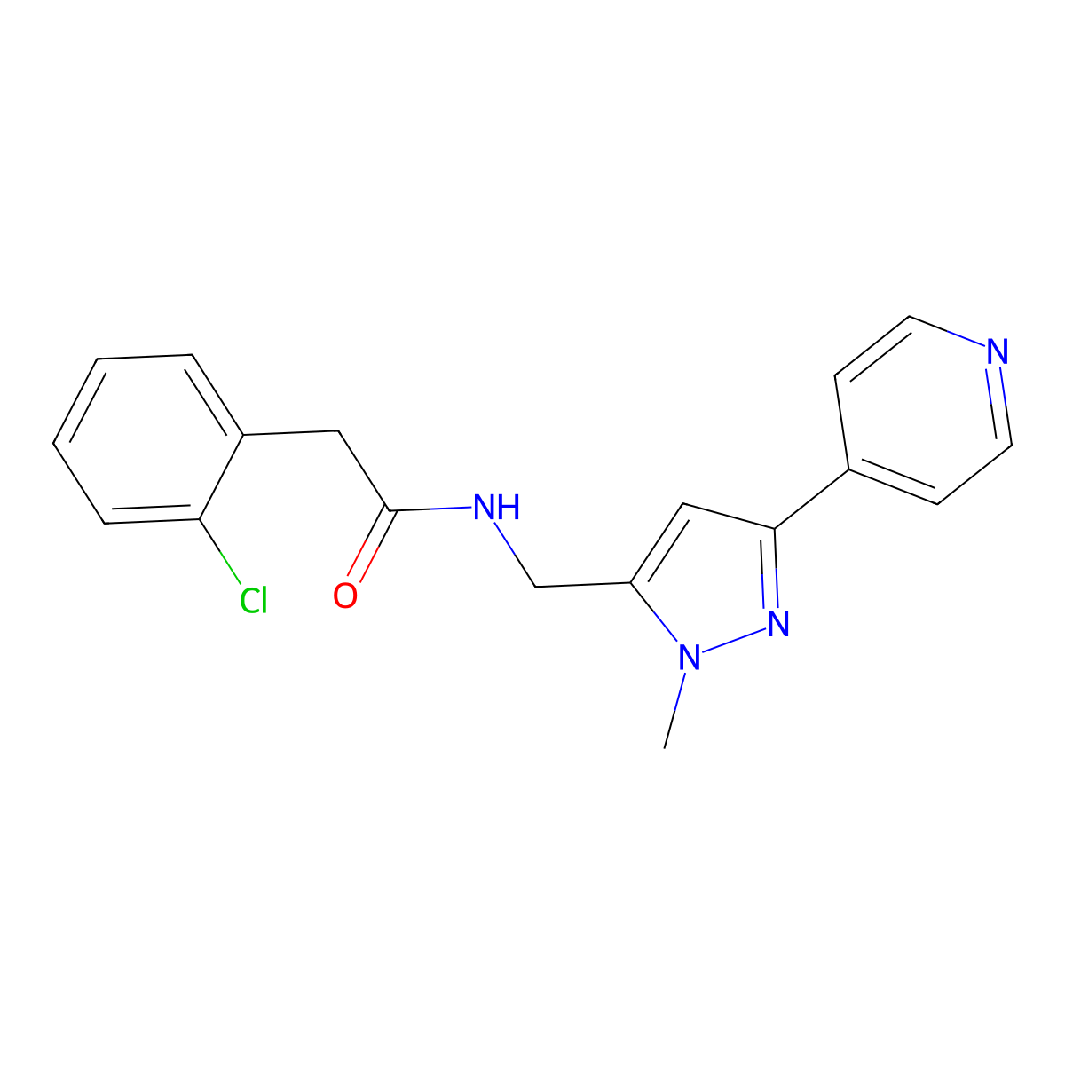 2-(2-chlorophenyl)-N-{[1-methyl-3-(pyridin-4-yl)-1H-pyrazol-5-yl]methyl}acetamide molecular structure, CAS 2310014-68-5