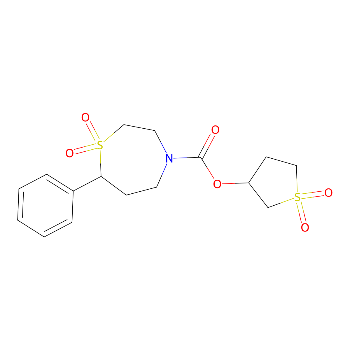 1,1-Dioxidotetrahydrothiophen-3-yl 7-phenyl-1,4-thiazepane-4-carboxylate 1,1-dioxide molecular structure, CAS 2310015-06-4