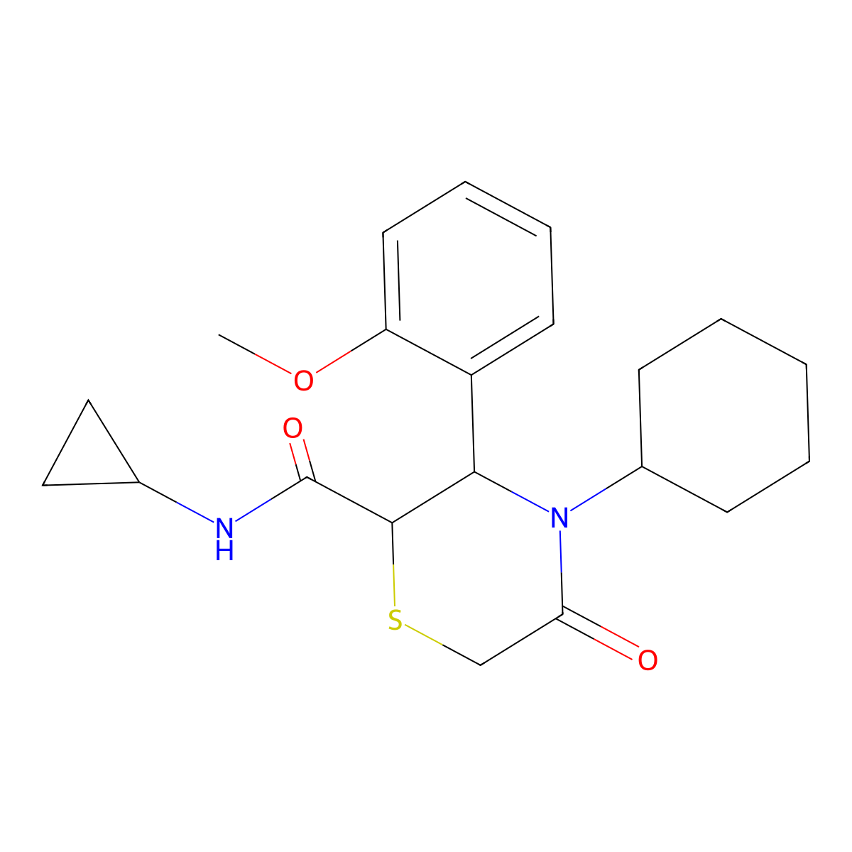 4-cyclohexyl-N-cyclopropyl-3-(2-methoxyphenyl)-5-oxothiomorpholine-2-carboxamide molecular structure, CAS 2310015-21-3