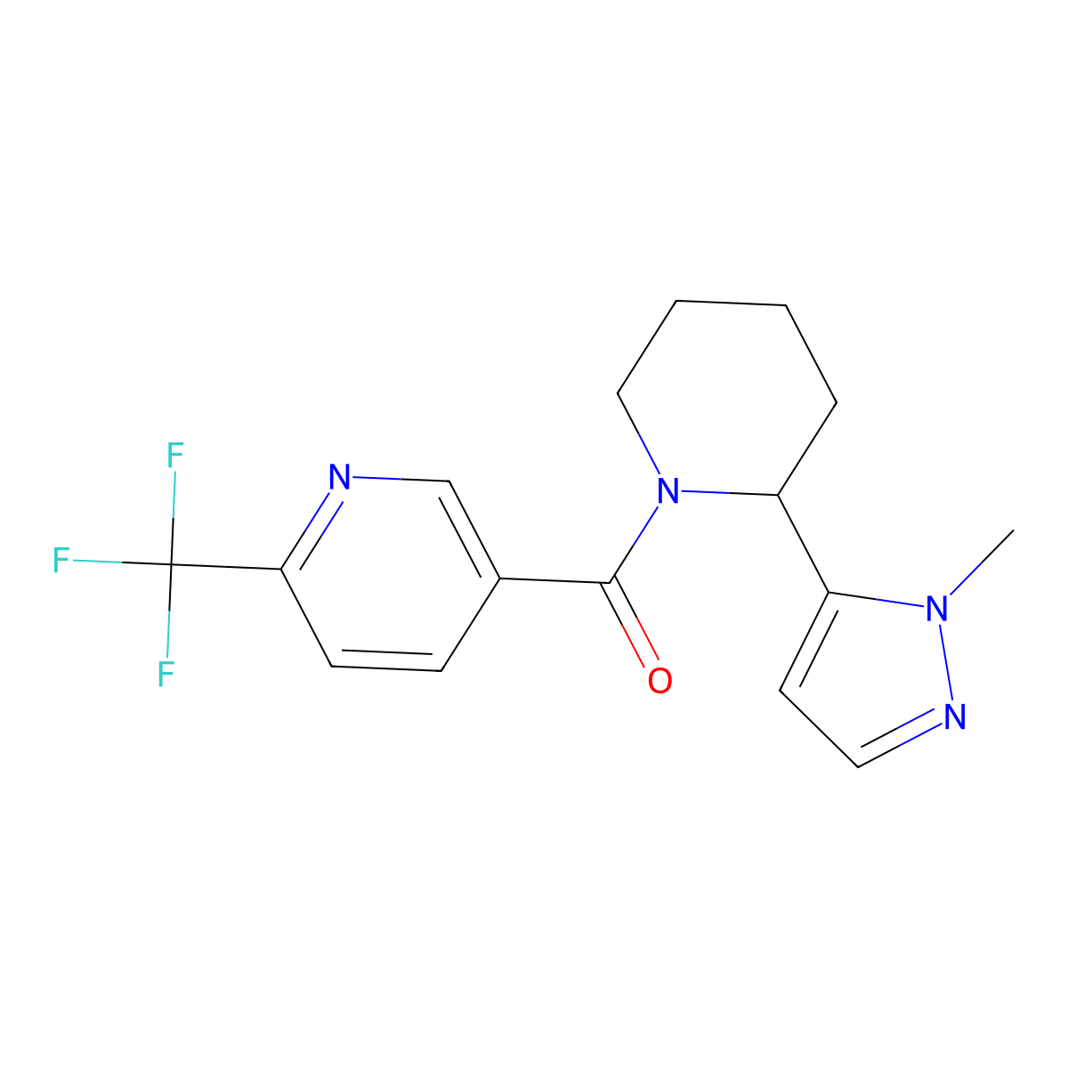 5-[2-(1-methyl-1H-pyrazol-5-yl)piperidine-1-carbonyl]-2-(trifluoromethyl)pyridine molecular structure, CAS 2310015-65-5