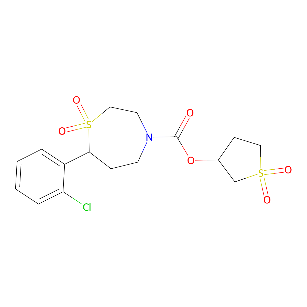 1,1-Dioxidotetrahydrothiophen-3-yl 7-(2-chlorophenyl)-1,4-thiazepane-4-carboxylate 1,1-dioxide molecular structure, CAS 2310016-28-3