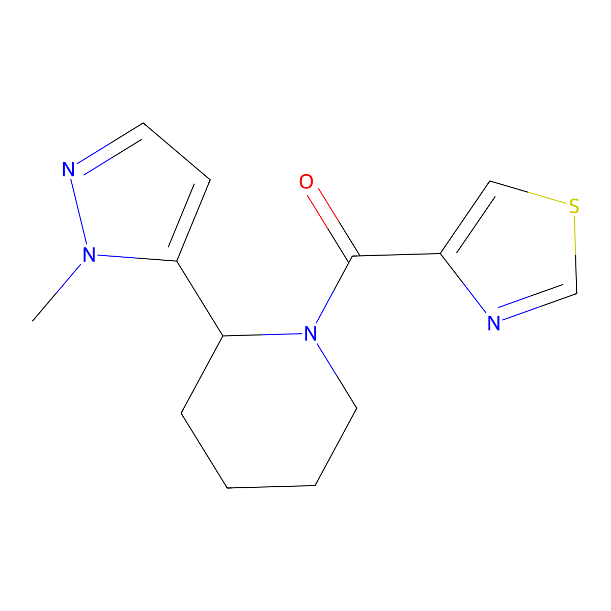 2-(1-methyl-1H-pyrazol-5-yl)-1-(1,3-thiazole-4-carbonyl)piperidine molecular structure, CAS 2310016-91-0