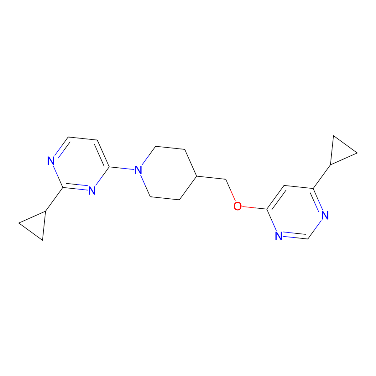 2-Cyclopropyl-4-(4-{[(6-cyclopropylpyrimidin-4-yl)oxy]methyl}piperidin-1-yl)pyrimidine molecular structure, CAS 2310017-01-5