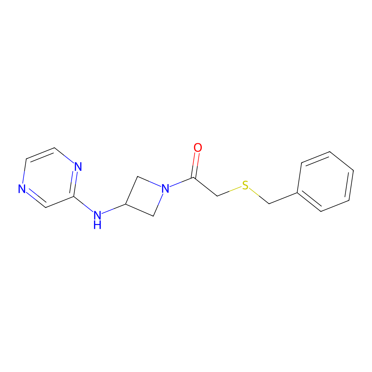 2-(Benzylsulfanyl)-1-{3-[(pyrazin-2-yl)amino]azetidin-1-yl}ethan-1-one molecular structure, CAS 2310017-38-8
